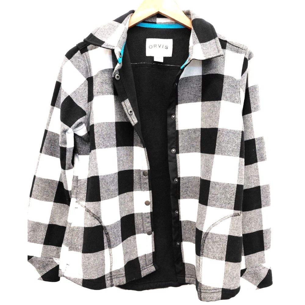 Orvis Men's Medium Black White Plaid Shirt Jacket Cotton Polyester SZ M